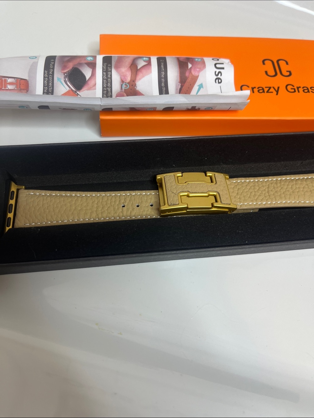 Beige Leather Watch Strap with Gold Hardware - Picture 3 of 4